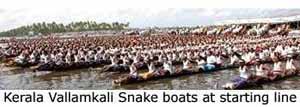 Kerala's Vallam Kali Snake boats lined up at the start of the snake boat race
